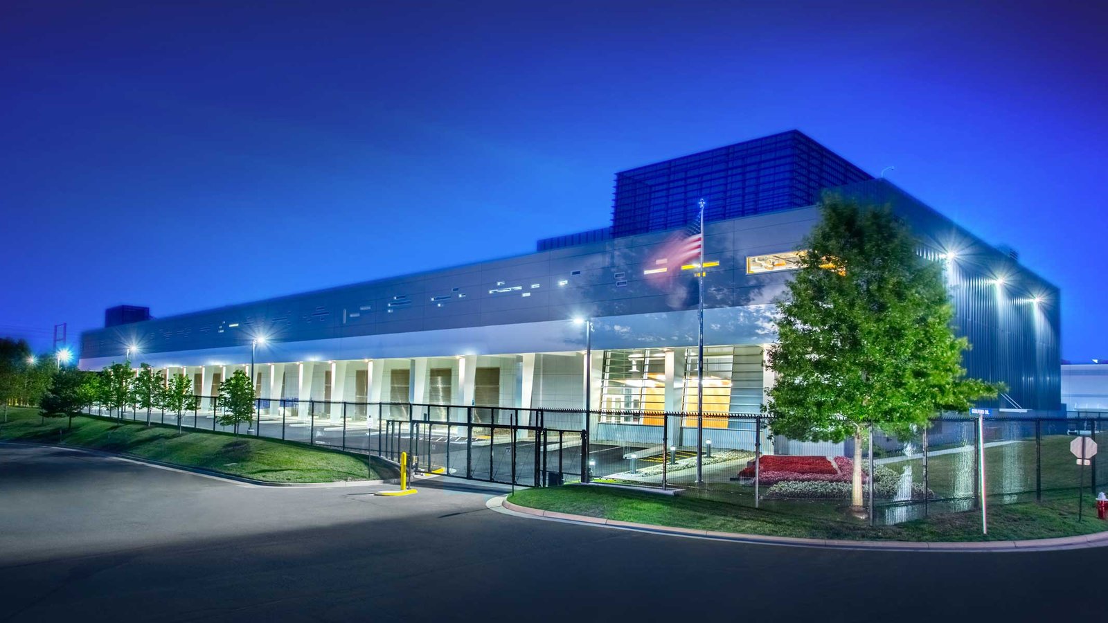 Modern building illuminated at night